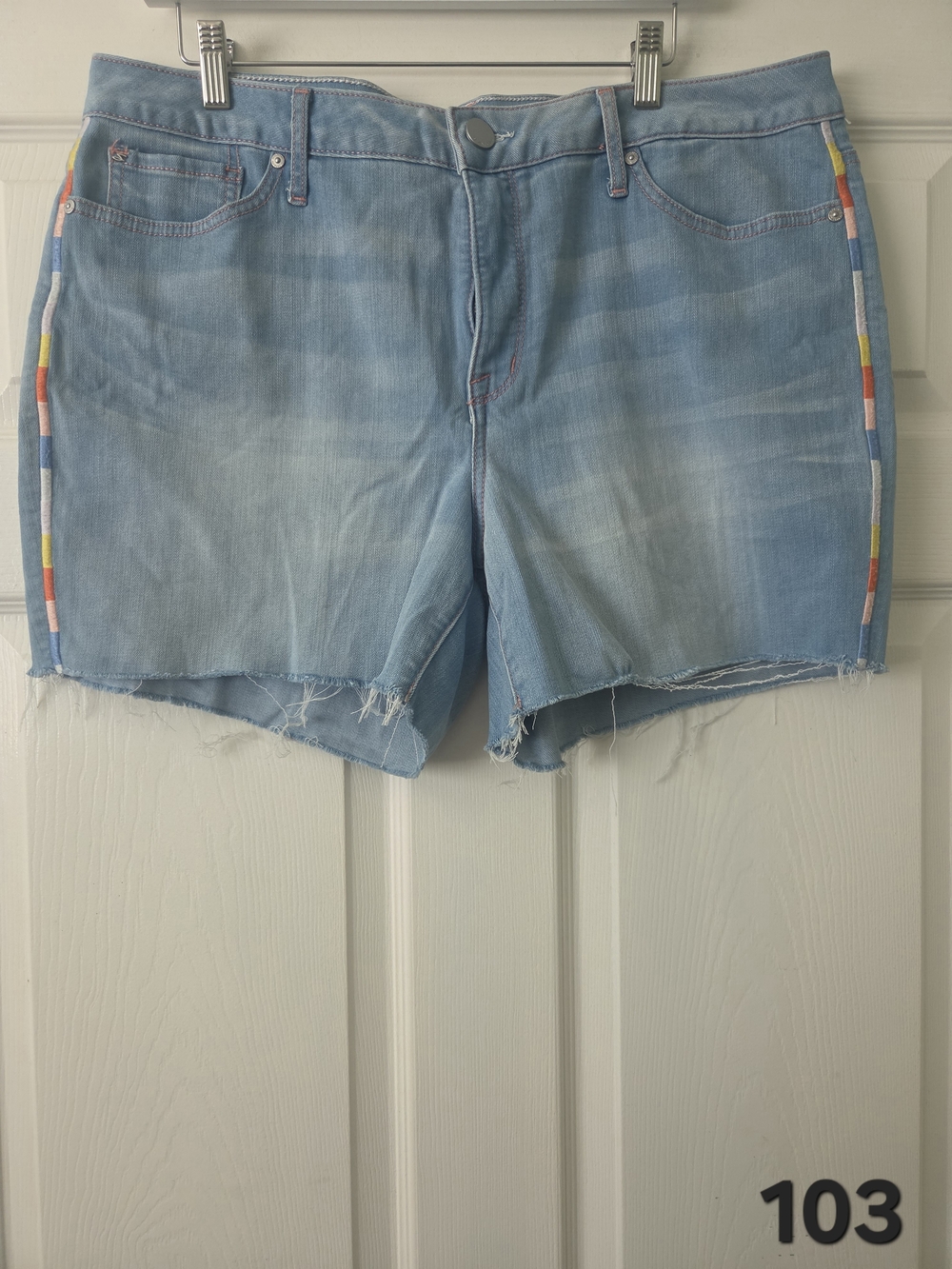 Seven7 Light Blue Denim Shorts with Rainbow Side Stripes